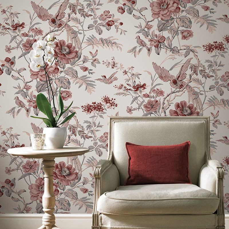Flower Bedroom Wallpaper
 Red Vintage Birds And Flowers Wallpaper Chinese Floral