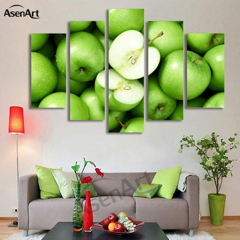 Fruit Wall Art Kitchen
 5 Panel Wall Art Green Apple Picture Fruit Painting for