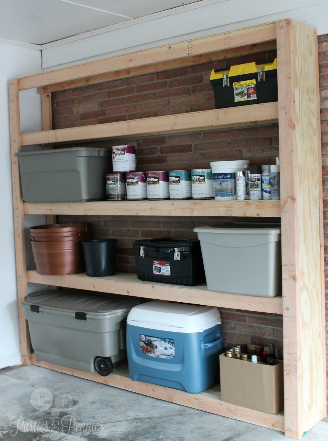 Garage Organization Shelves
 How to Build Shelves for your Garage Parties for Pennies