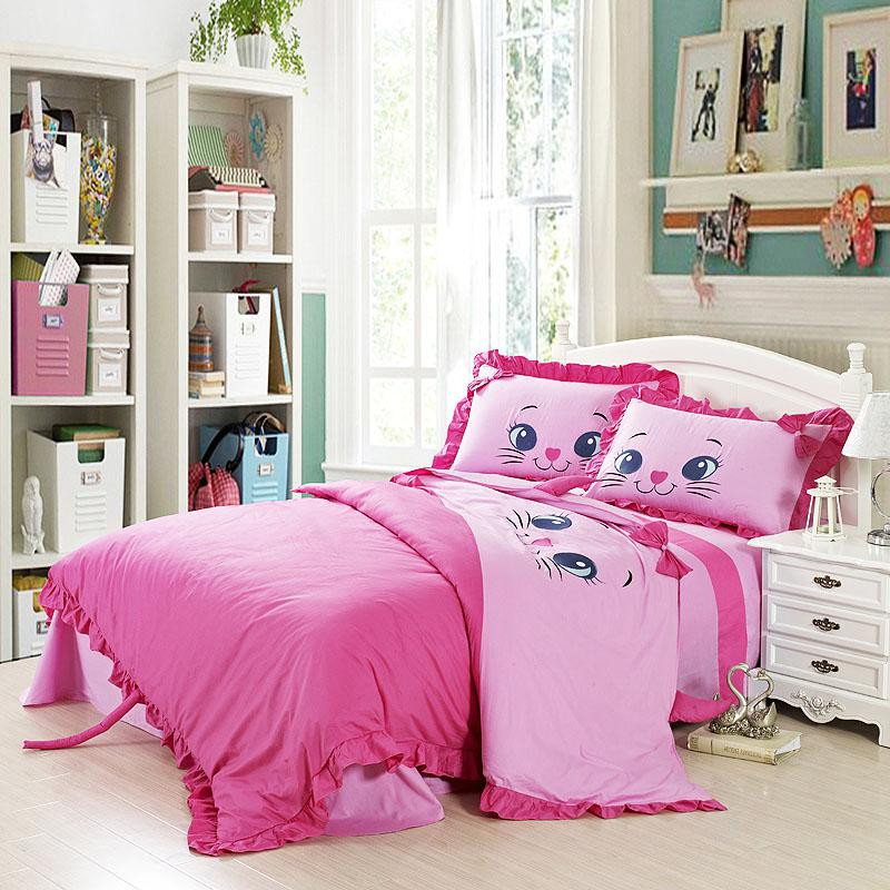 Girl Twin Bedroom Sets
 New Embroidered Cute Cat Pink Girls Children Bedding Sets