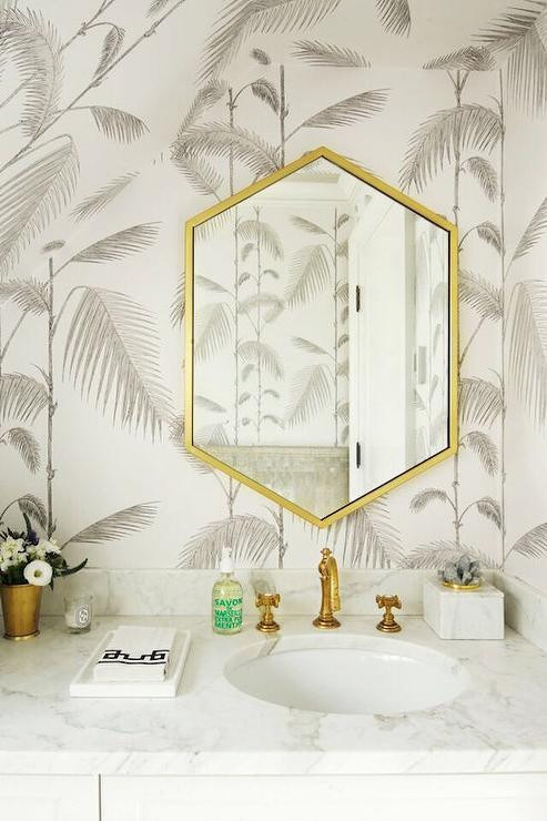 Gold Frame Bathroom Mirror
 Gray Bathroom with Gold Hex Mirror Contemporary Bathroom