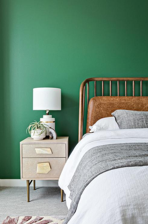 Green Bedroom Walls
 Kelly Green Wall with Gray and Gold Nightstand