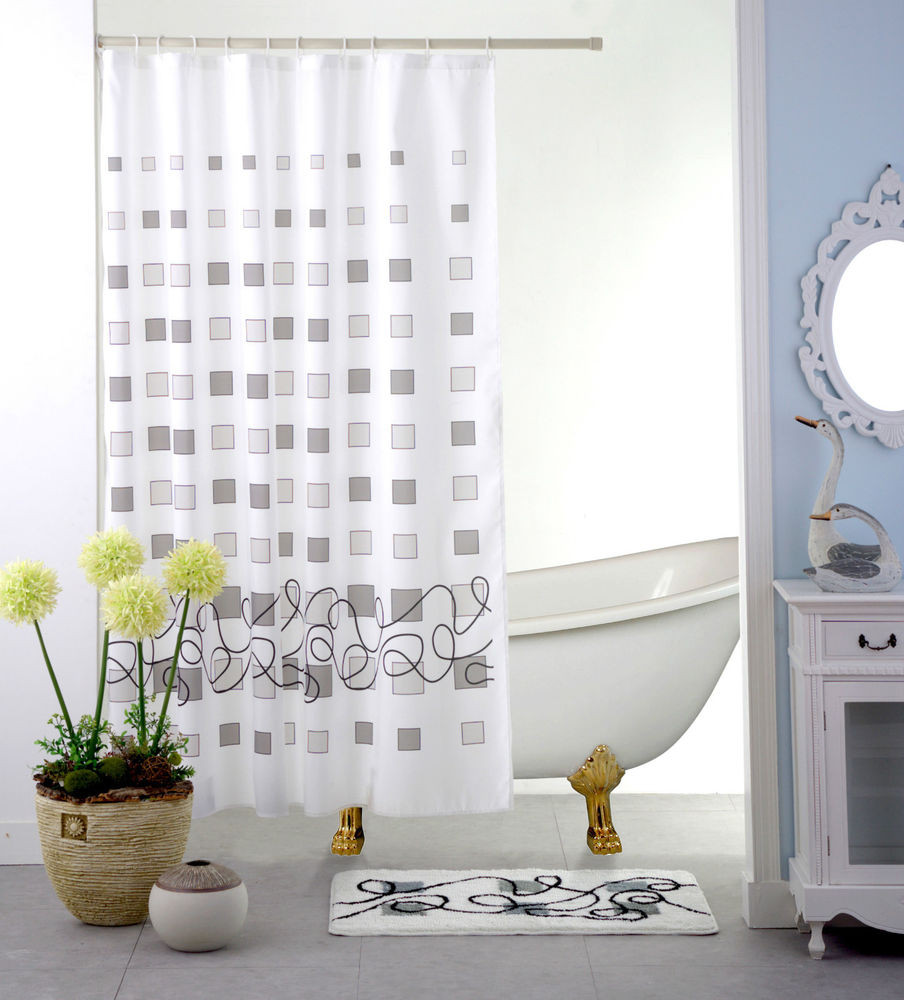 Grey Bathroom Shower Curtains
 LUXURY FABRIC SHOWER CURTAIN WHITE GREY GEOMETRIC DESIGN