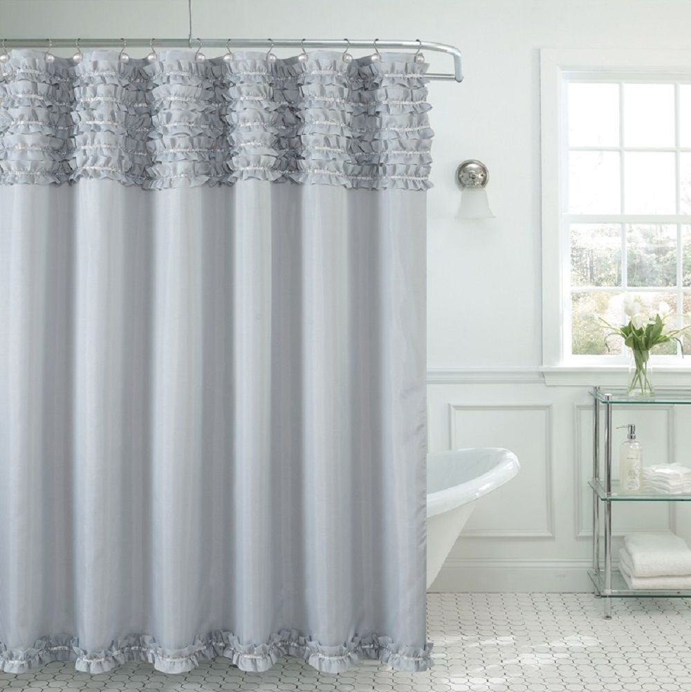 Grey Bathroom Shower Curtains
 Beverly Hills Ruffle Premium Quality Fabric Shower Curtain