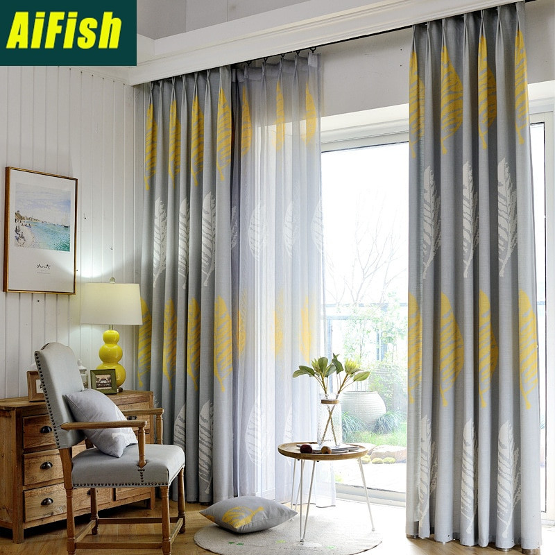 Grey Living Room Curtains
 Modern Gray yellow tulle Floor cloth fabric Curtains For