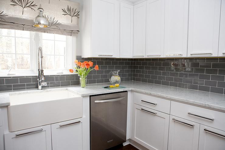 Grey Subway Tile Kitchen
 White Kitchen Cabinets with Gray Subway Tile Backsplash