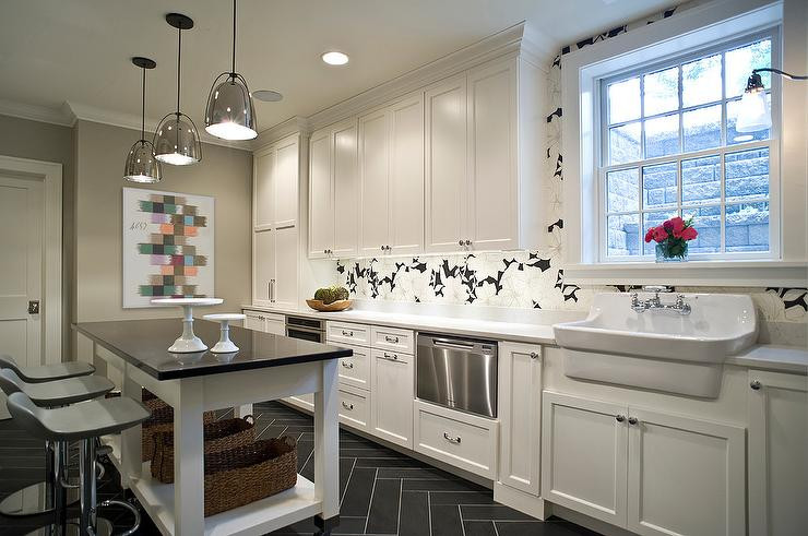 Herringbone Tiles Kitchen
 White Kitchen with Gray Slate Herringbone Floor Tiles