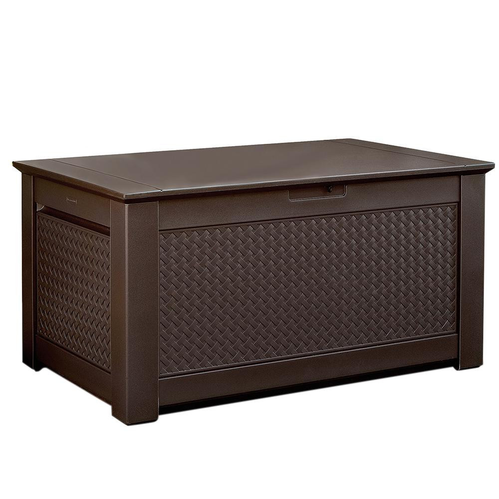 Home Storage Bench
 Rubbermaid Patio Chic 93 Gal Resin Basket Weave Patio