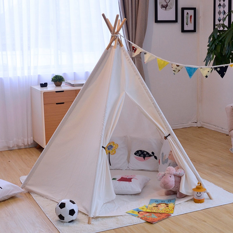 Indoor Play Tent For Kids
 Ins Solid White Canvas Portable Indian Play Tent Children