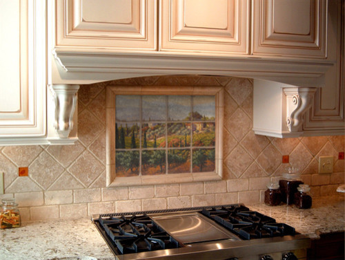 Italian Kitchen Backsplash
 Tuscan marble tile mural in Italian kitchen backsplash
