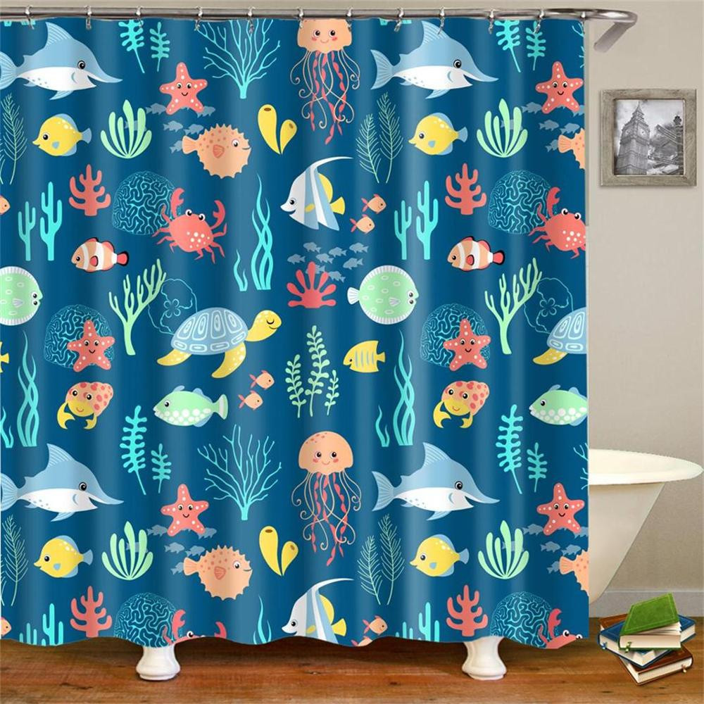 Kid Bathroom Shower Curtains
 Cartoon Kids Fabric Shower Curtain Waterproof Blue Ocean