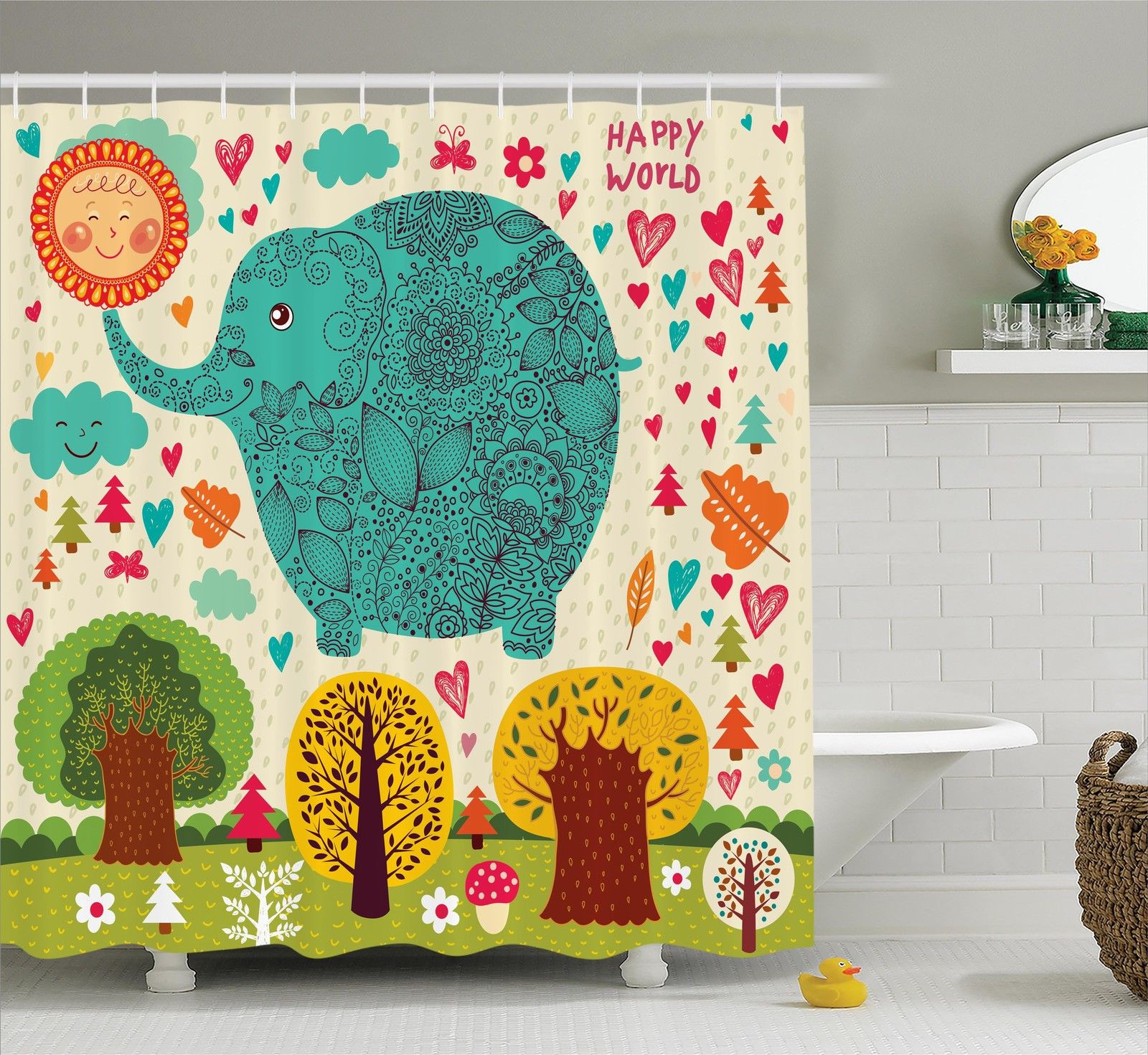 Kids Bathroom Sets Walmart
 Elephants Decor Shower Curtain Set Illustration With