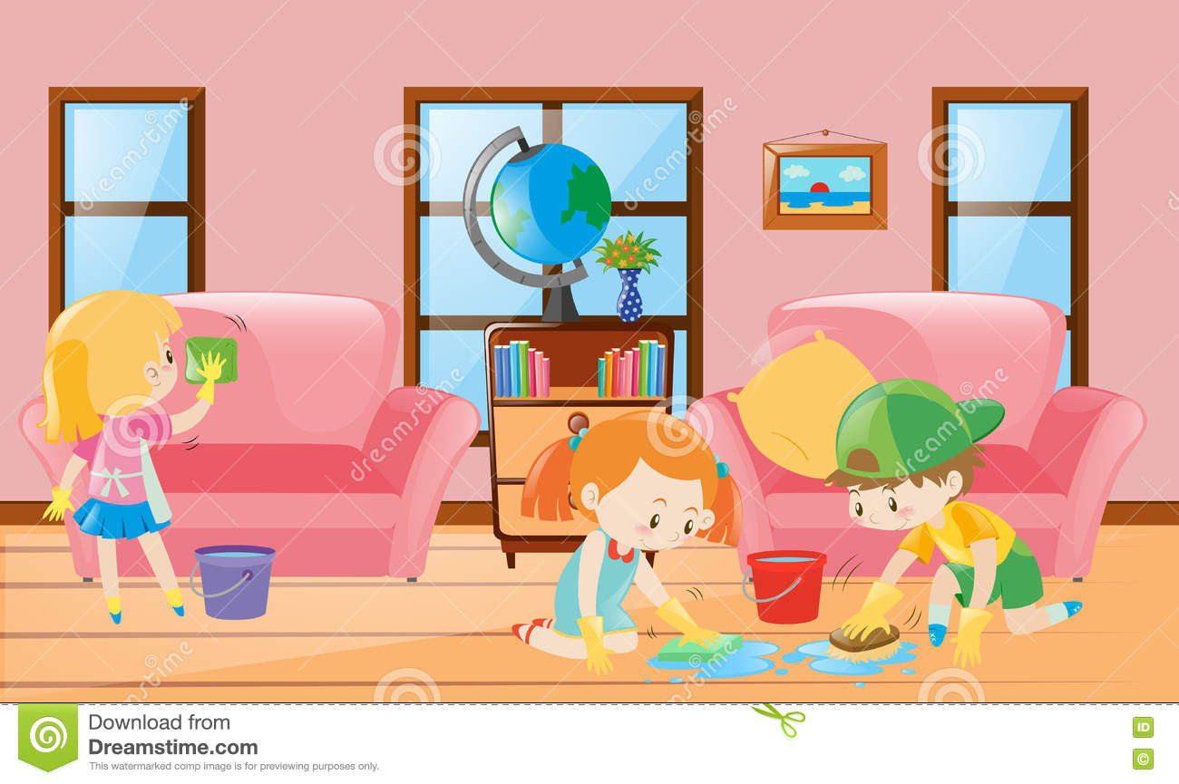 Kids Clean Room Clipart
 Three Children Cleaning Living Room Stock Vector
