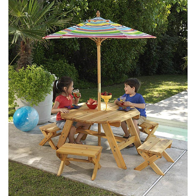 Kids Outdoor Table And Chair
 Octagon Table & 4 Benches with Multi striped Umbrella
