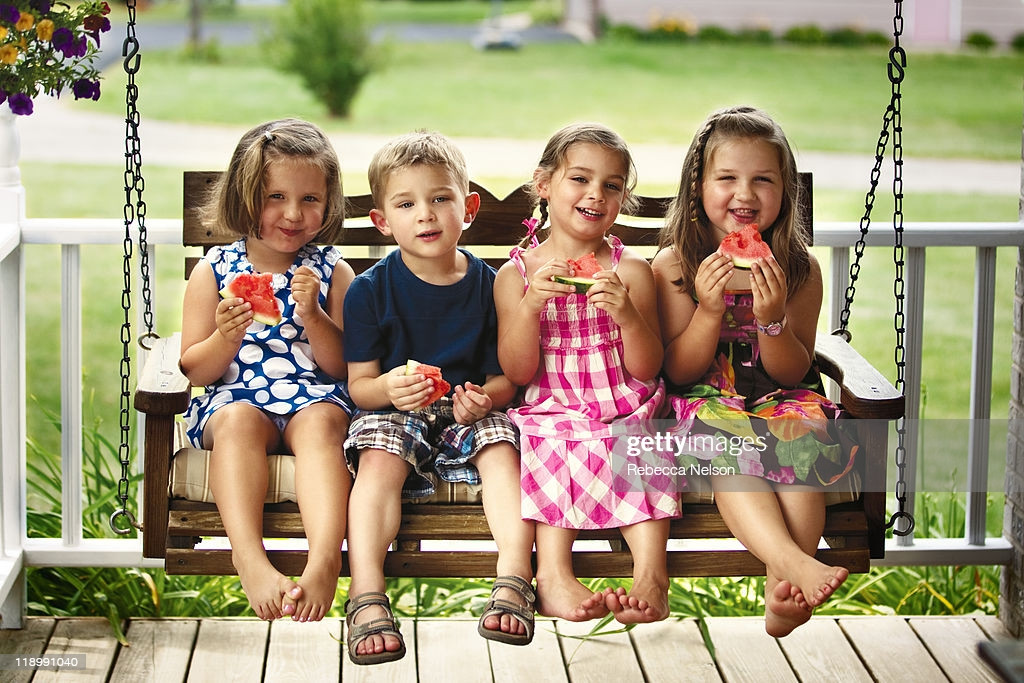 Kids Porch Swing
 Children Sitting Porch Swing With Watermelon High Res