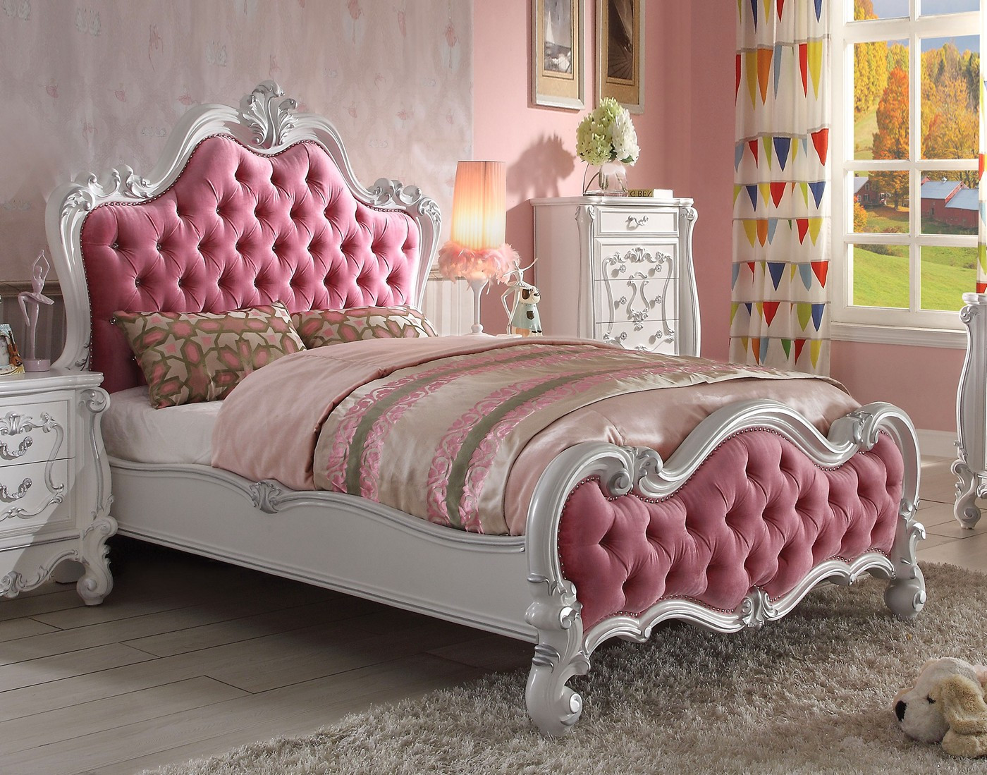 Kids Queen Bedroom Set
 Versailles Kids Victorian 4 pc Pink Fabric Full Bed Set w