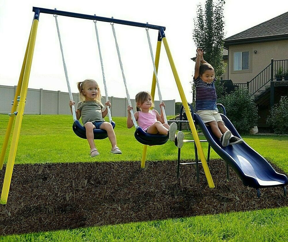 Kids Slide And Swing
 Swing Set Playground Metal Outdoor Play Slide Kids