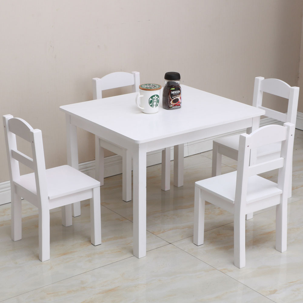 Kids Wooden Table Set
 Kids White Square Table and 4 Pastel Chair Play Set Wood