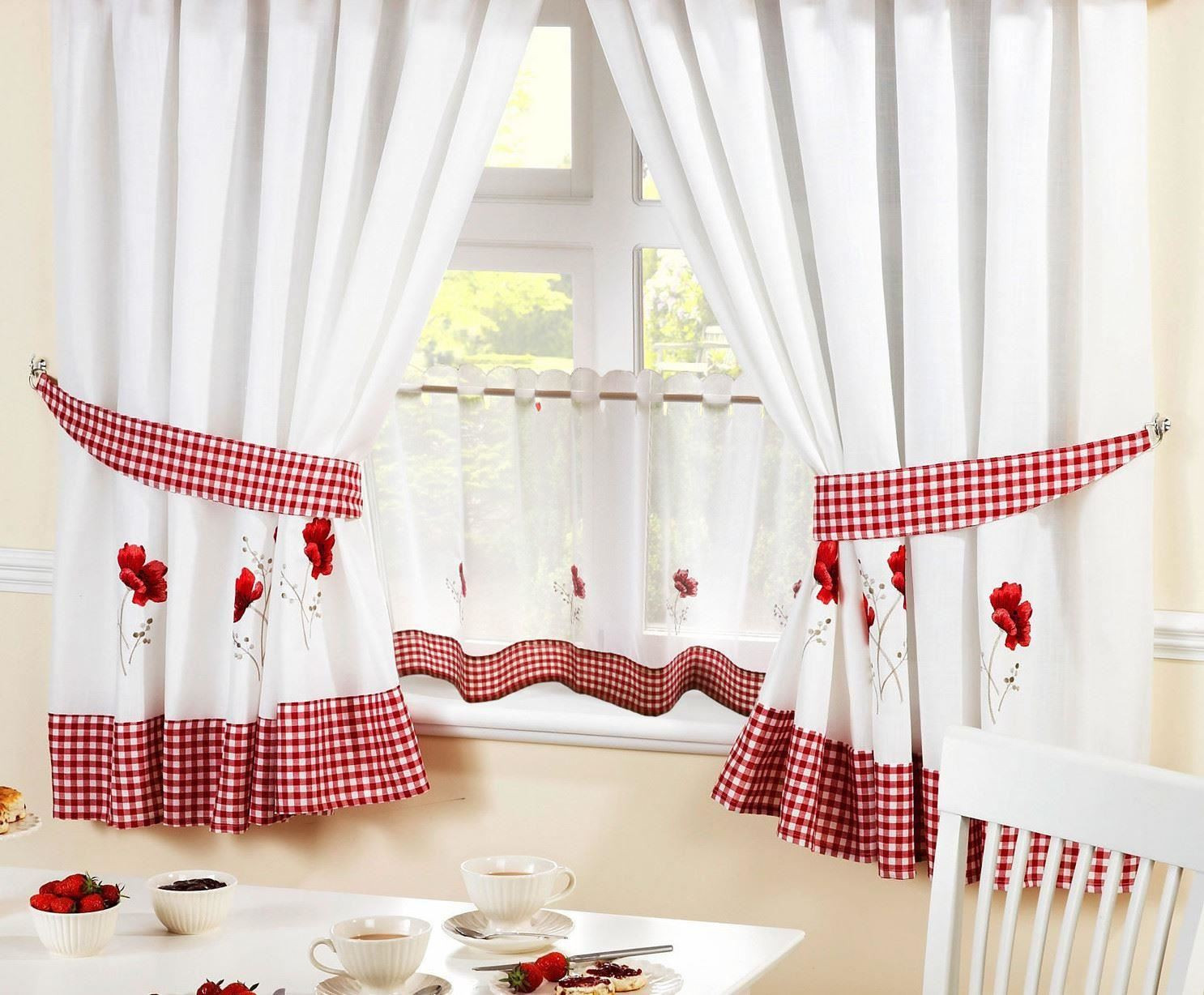Kitchen Cafe Curtains
 POPPIES RED EMBROIDERED GINGHAM KITCHEN CURTAINS & 24