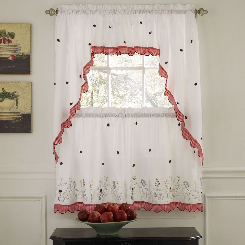 Kitchen Curtains Tier
 Embroidered Ladybug Meadow Kitchen Curtains Choice of