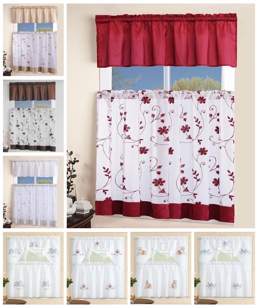 Kitchen Curtains Tier
 3 Piece White Embroidered Kitchen Curtain with Swag and