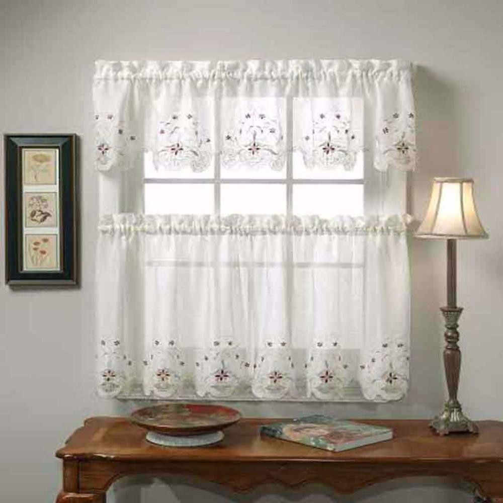Kitchen Curtains Tier
 Sunshine Semi Sheer Embroidery Kitchen Valance and Tier