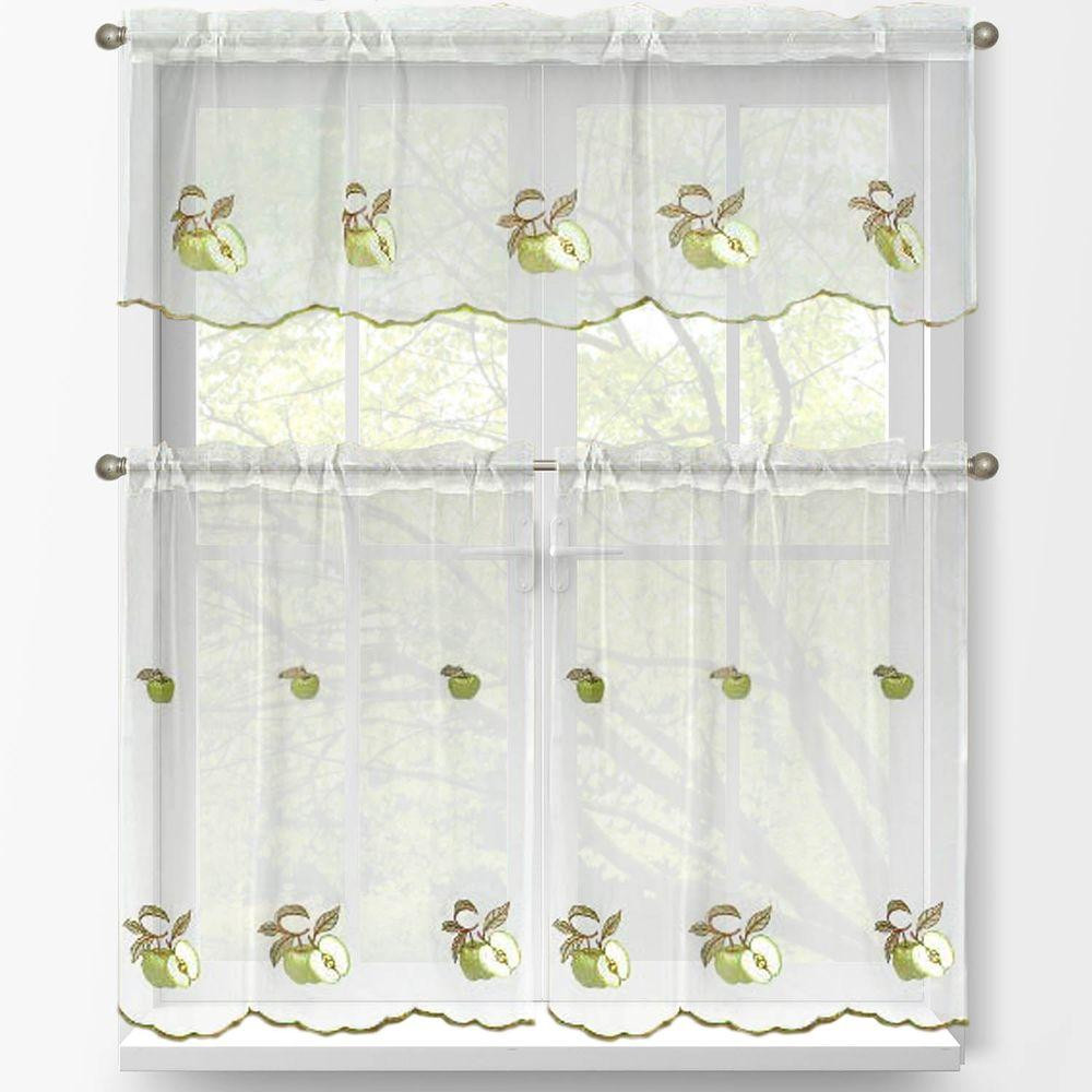Kitchen Curtains Tier
 Window Elements Sheer Green Apple Embroidered 3 Piece