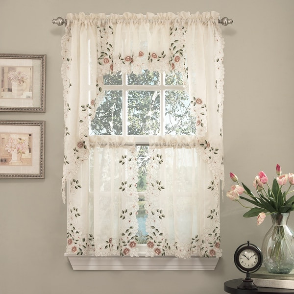 Kitchen Curtains Tiers
 Shop Old World Floral Embroidered Sheer Kitchen Curtain
