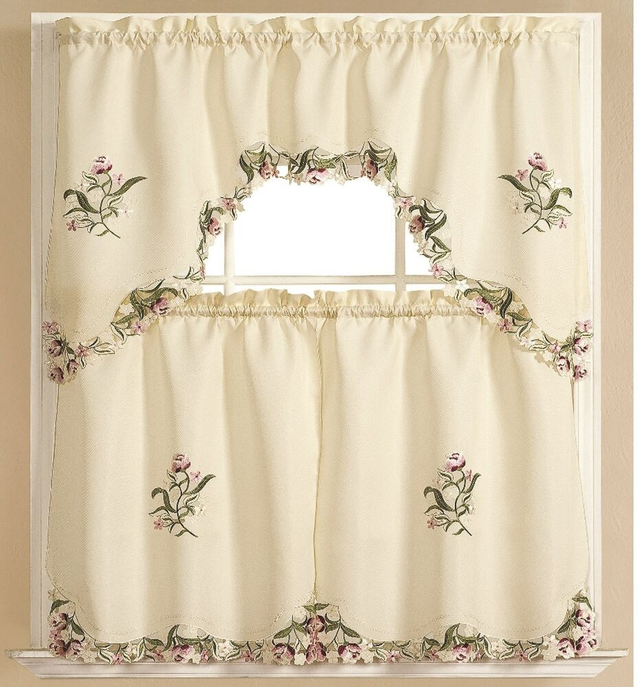 Kitchen Curtains Tiers
 Kitchen Curtain embroidered 3 pc Applique Set e Swag