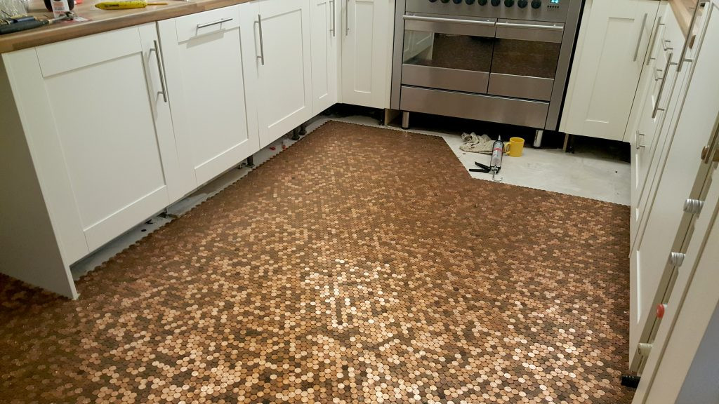 Kitchen Floor Made Of Pennies
 Kitchen floor made with one penny coins