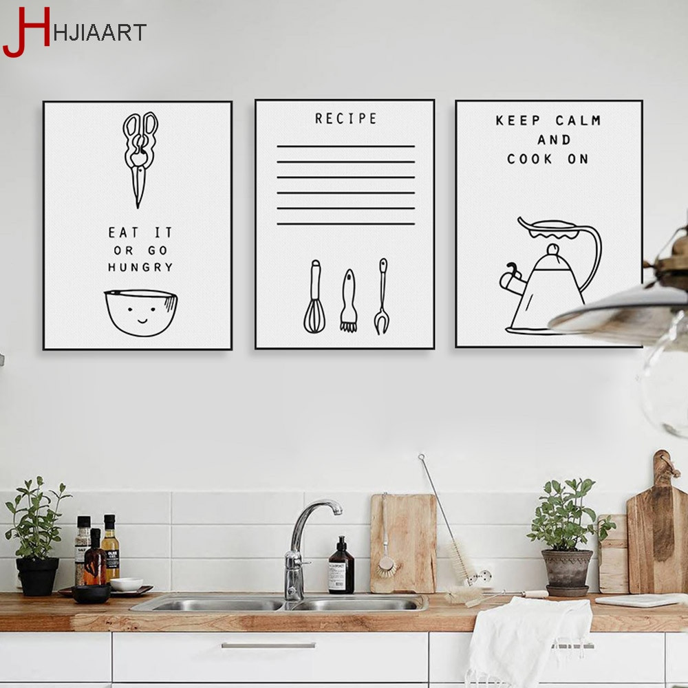 Kitchen Framed Wall Art
 Black White Kawaii Cooking Quotes Poster Nordic Kitchen