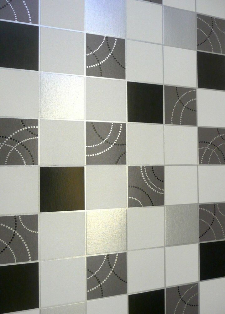 Kitchen Tile Wallpaper
 Dotty Wallpaper Kitchen Bathroom Black Silver Tile Effect