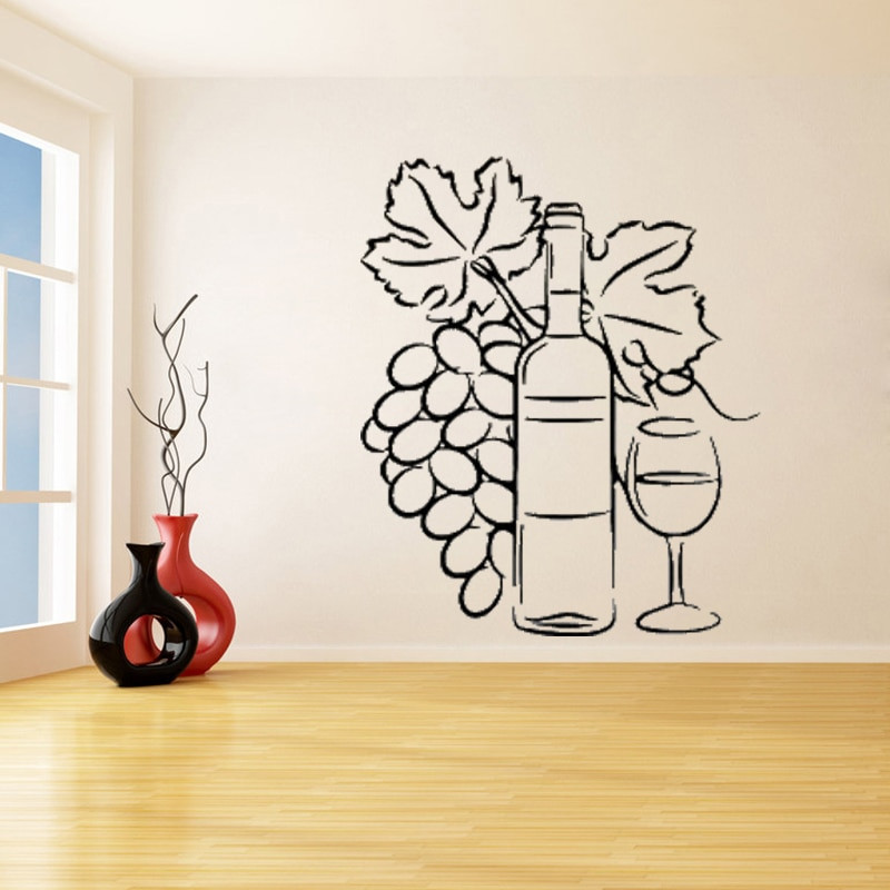 Kitchen Wall Decals Removable
 Wine Bottle With Grapes Wall Stickers for Cafe Kitchen