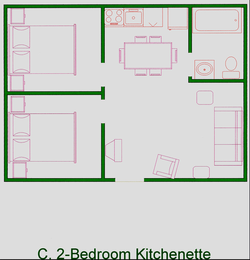 Kitchenette Floor Plans
 Unit C – Two Bedroom Kitchenette – Golden Arrow Resort