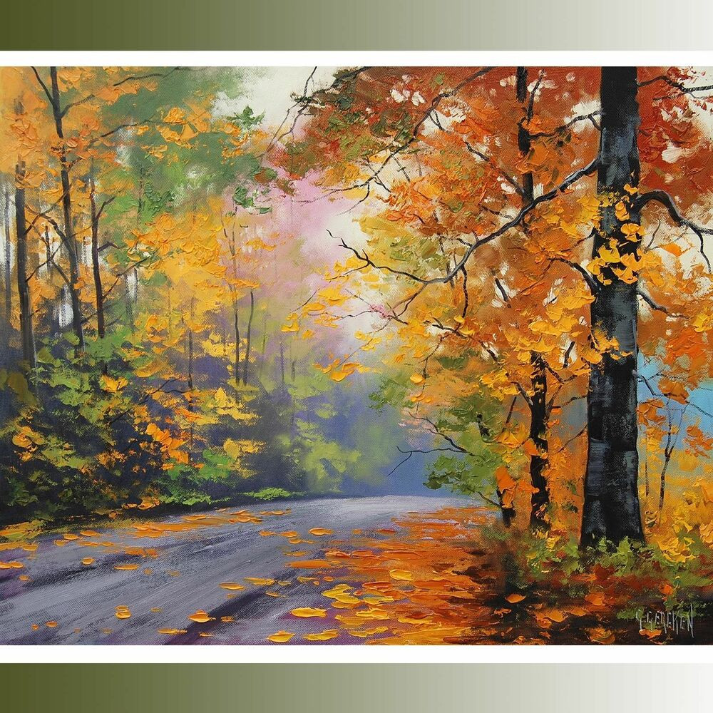 Landscape Oil Paintings
 LARGE Autumn Oil painting FALL TREES ROAD TRAIL