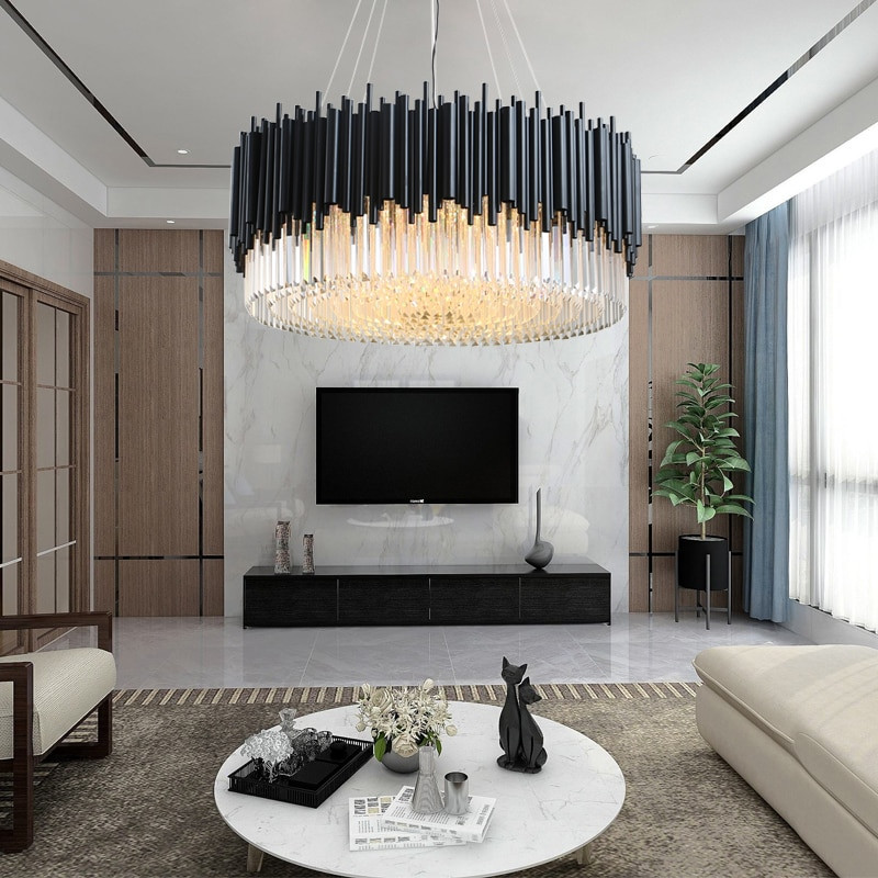 Large Living Room Lamps
 Black modern chandelier lighting living room round crystal