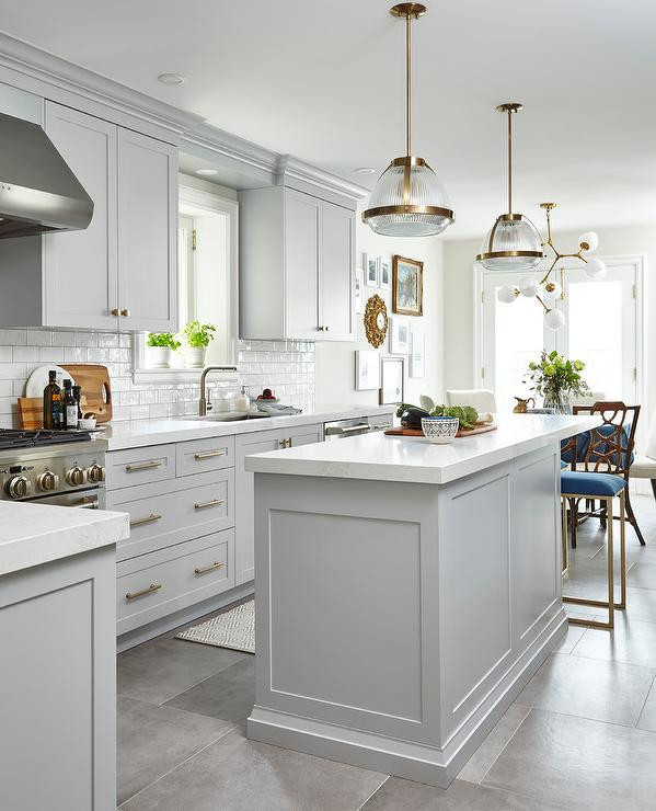 Light Gray Subway Tile Kitchen
 Light Gray Cabinets with White Glazed Subway Tiles