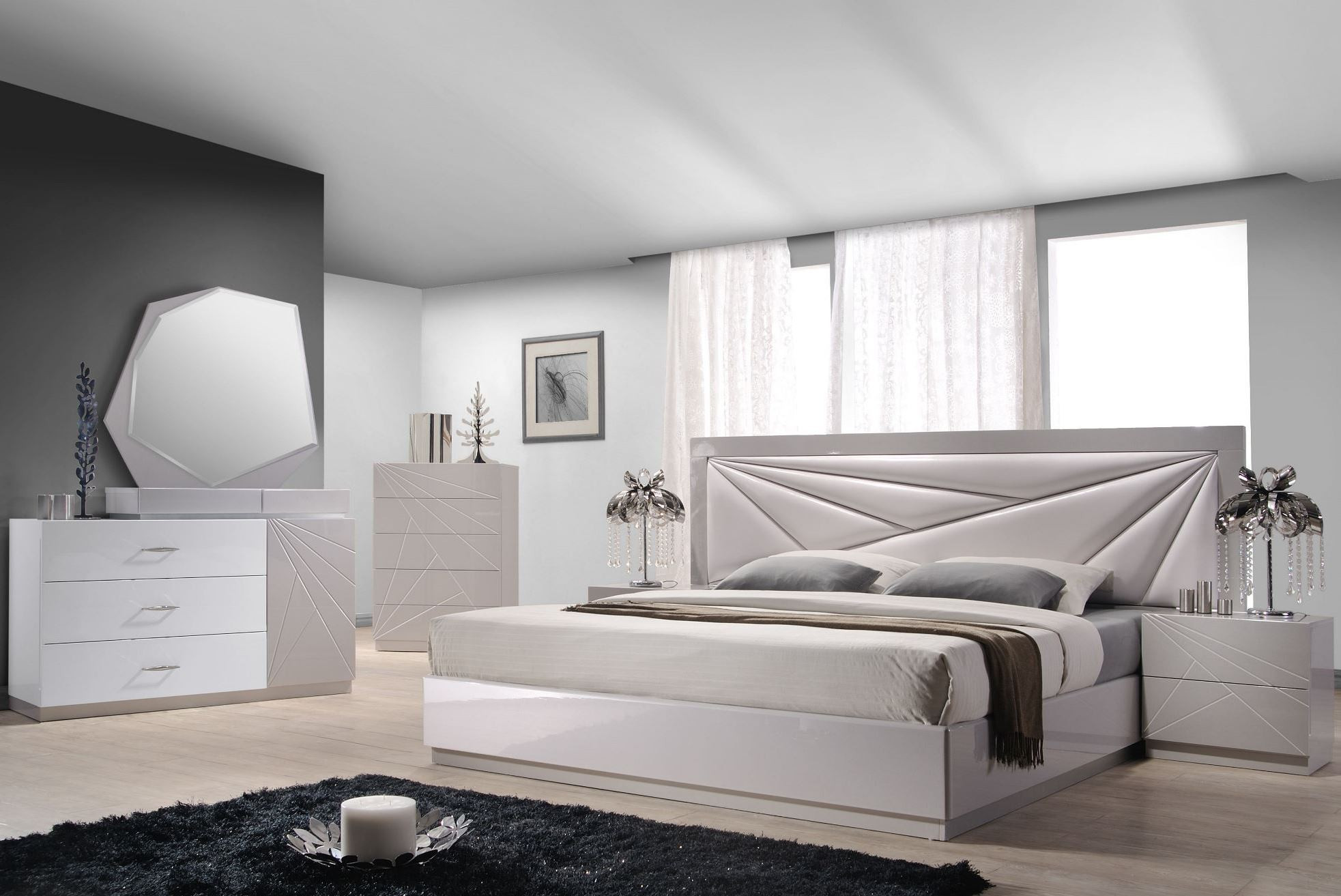 Light Grey Bedroom
 Florence White & Light Grey Lacquer Platform Bedroom Set