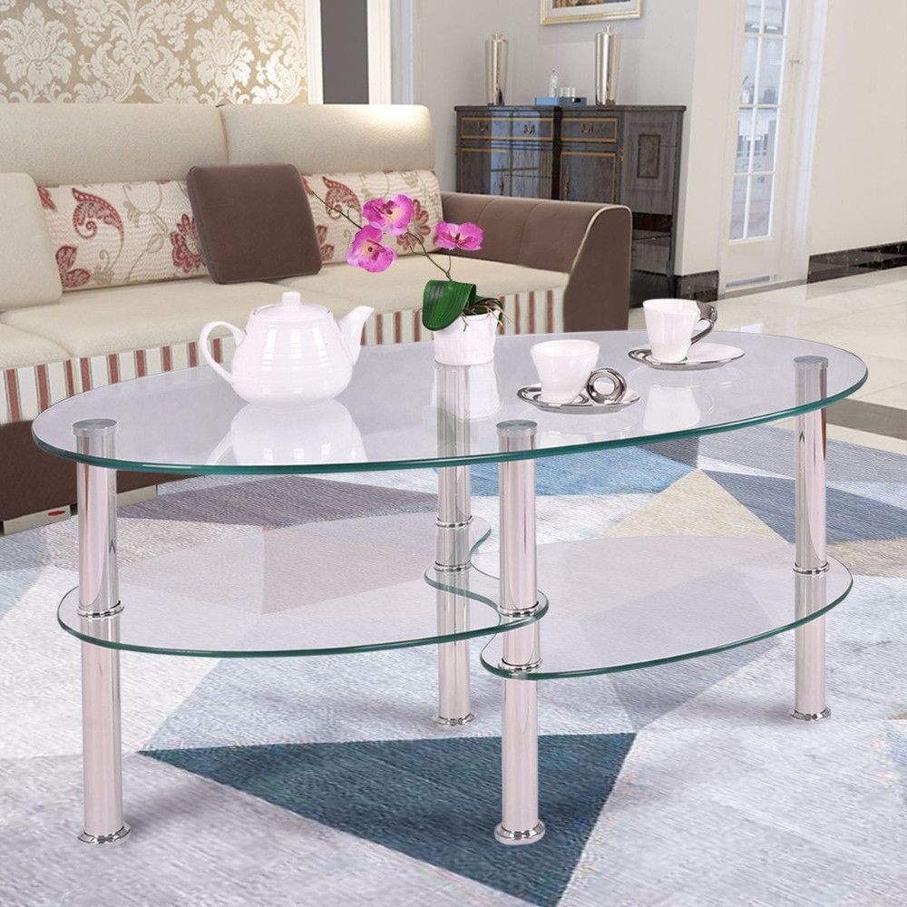 Living Room Coffee Table
 Goplus Tempered Glass Oval Side Coffee Table Shelf Chrome