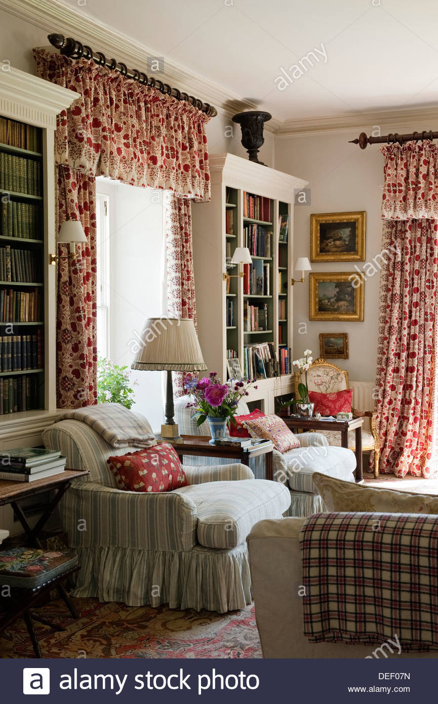 Living Room Country Curtains
 Country Estate living room with red patterned curtains