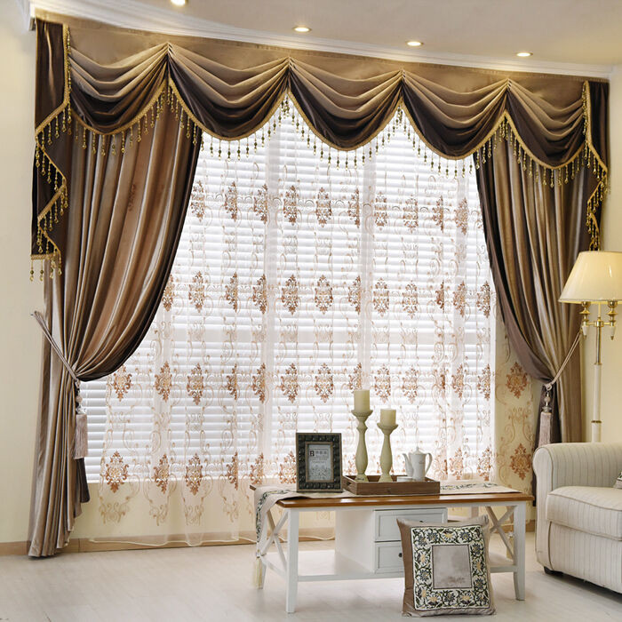Living Room Curtains With Valances
 Brown Plain Chenille Waterfall and Swag living room