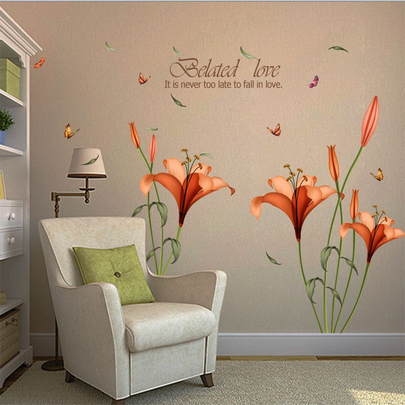 Living Room Wall Decal
 [Fundecor] PVC orange flowers butterfly leaf wall stickers