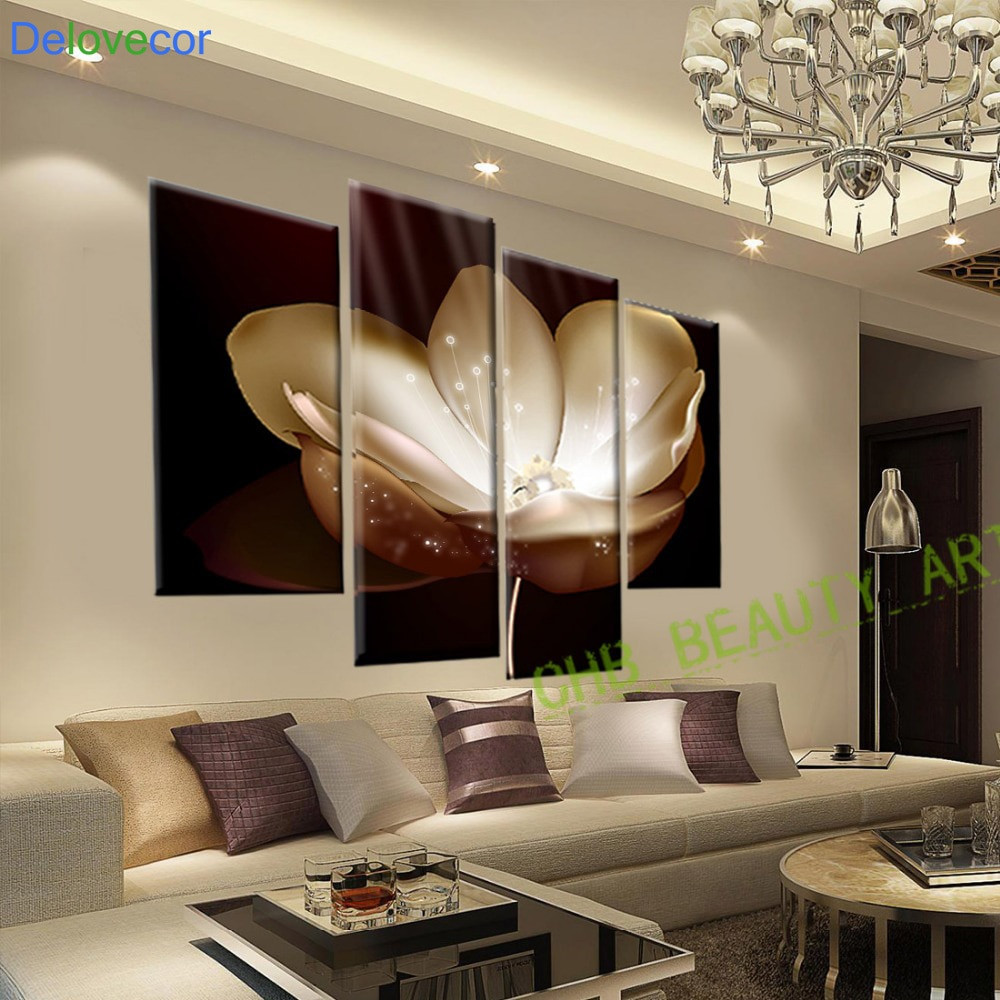 Living Room Wall Decor Pictures
 4 Panel Gold Flower Printed Painting Canvas Picture Wall