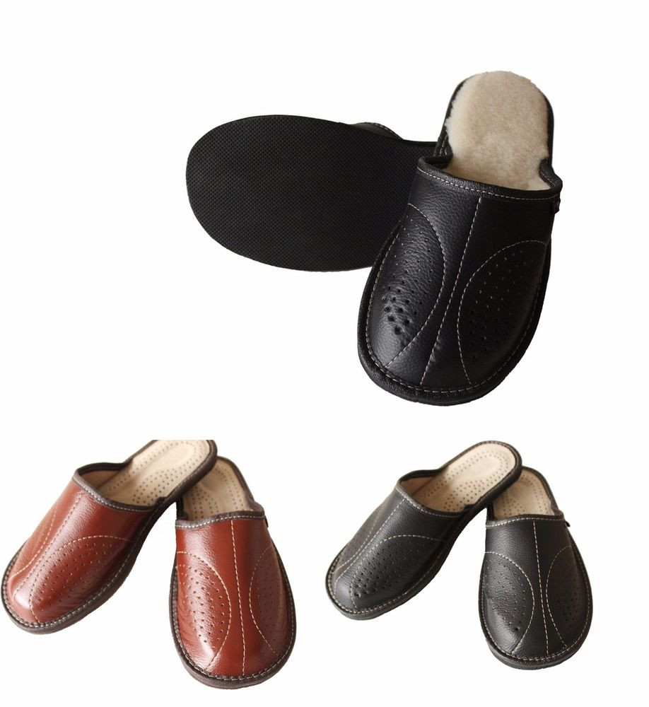 Mens Leather Bedroom Slippers
 Mens Leather Slip Winter Scuff Slippers House Shoes
