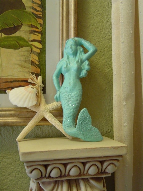 Mermaid Bathroom Decor
 MERMAID Hook Vintage Turquoise Cast Iron Beach Coastal