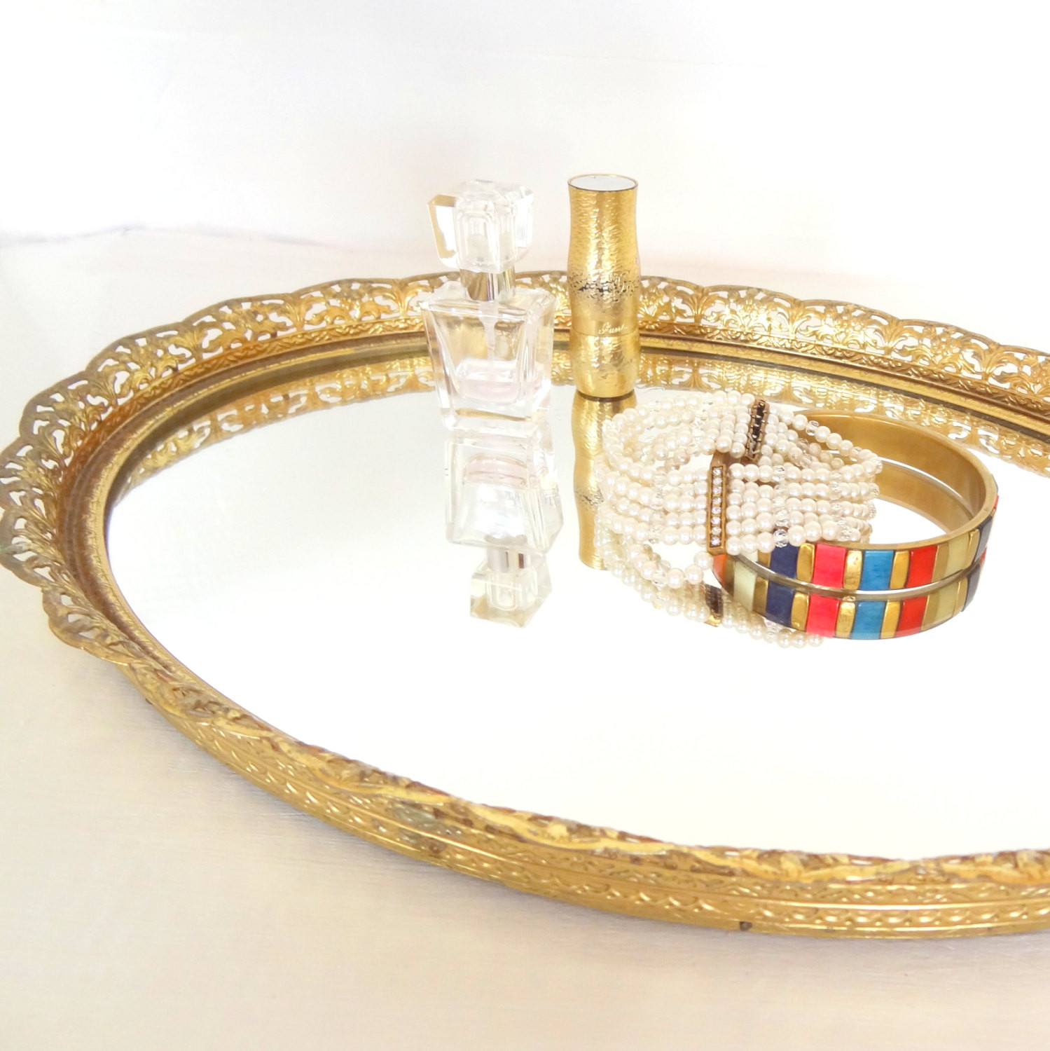 Mirrored Bathroom Tray
 Vintage Gold Mirrored Vanity Tray