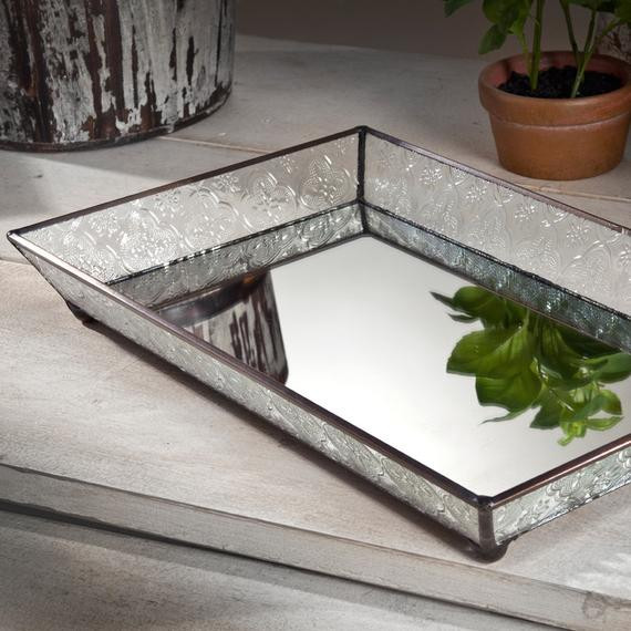 Mirrored Bathroom Tray
 Glass Vanity Tray Mirrored Bottom with Clear Vintage Glass