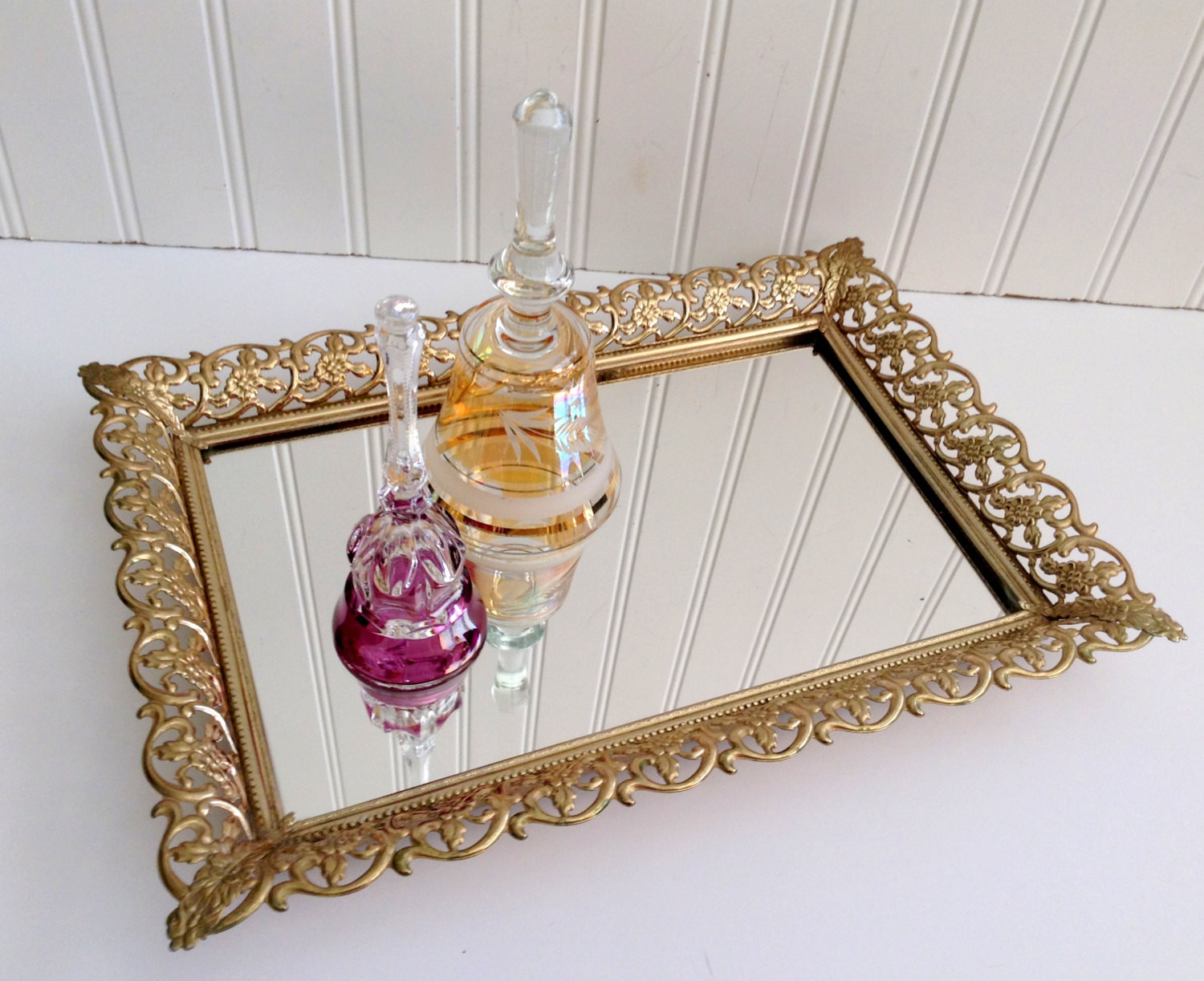 Mirrored Bathroom Tray
 Vintage Gold Filigree Mirror Vanity Tray Rectangle Tray