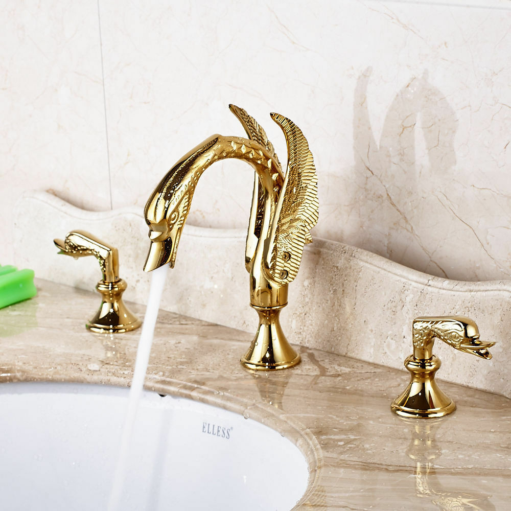 Modern Brass Bathroom Faucet
 Modern Golden Brass Bathroom Swan Tub Faucet Dual Handles