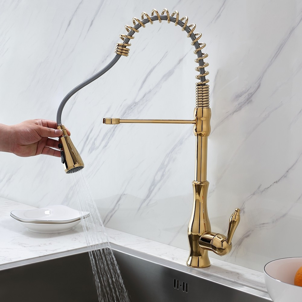 Modern Brass Kitchen Faucet
 Modern Style Gooseneck Single Handle Spring Pull Out
